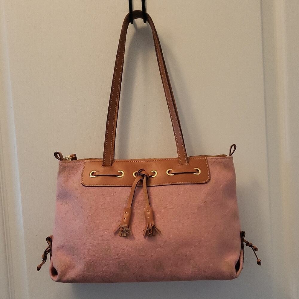 Dooney & Bourke Large Tassel Top Zip Pink and Tan Shoulder Bag